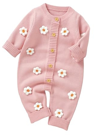 LYSINK Infant Baby Warm Rompers Sweater Hedgehog Embroidery Knitted Jumpsuit Fall Long Sleeve Button Jumper Bodysuits (B-a-Pink, 3-6 Months)