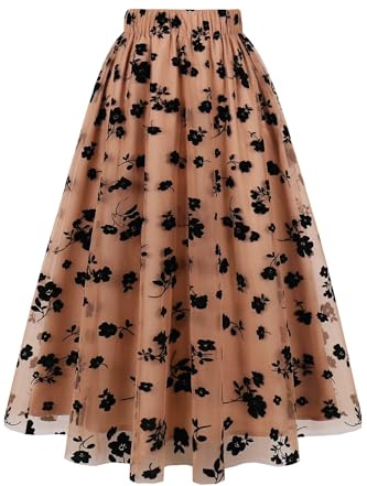 AXOE Femme Jupe en Tulle Midi Longue à Broderie Florale Bohème Chic en Mesh à 3 Couches Coupe Trapèze Élastique Elegante pour Mariage Invitée Fête Cérémonie