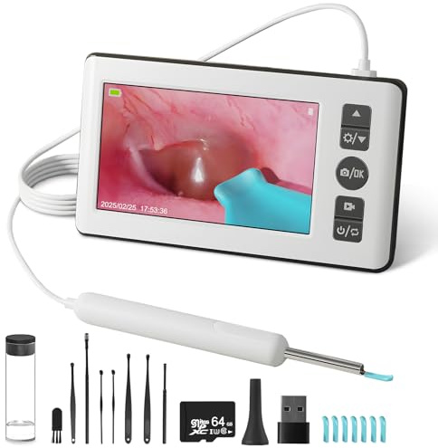 Cámara Otoscopio Digital, 4.3 '' 1080p HD IPS Otoscopio Cámara de Oído con 6 Endoscopio LED, 3,5 mm de Limpieza Profesional con Tarjeta de Memoria de 64G para Niños y Adultos