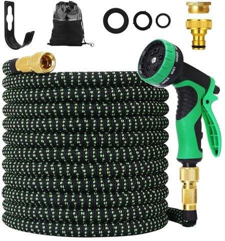 75FT Garden Hose - Thickened 3-Layer Latex, Expandable Garden Hose with 3/4 Inch and 1/2 Inch Faucet Fittings, 10 Function Nozzles, Suitable for Outdoor and Garden Irrigation (Black+Green)