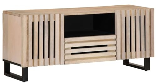 WKIEQACO Mueble de TV de 100 x 34 x 46 cm, de madera maciza, armarios y estantes de almacenamiento de medios