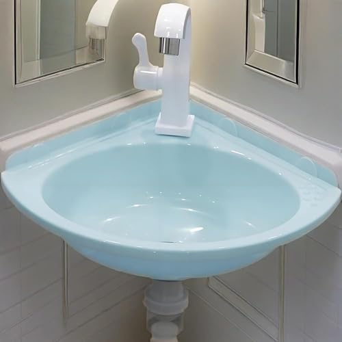 Lavabos de Esquina Pequeño Lavabo de Montaje en Pared Fregadero de Esquina Plástico Con grifo y desagüe,Sin Taladrar,Para Wc De Invitados Y Baño