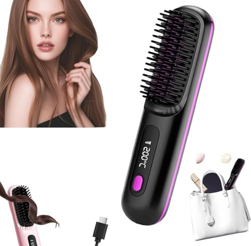 GoBrush Pro Cordless Hair Straightener Brush-3 Temperature Settings, Fast Heat Up, LED Display, USB-C Rechargeable, Portable & Travel-Friendly Hot Comb (Black)