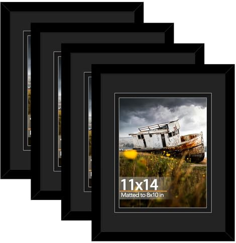QOTIB 11x14 Double Floating Mat Wood Picture Frame, Display 8x10 with Double Black Mat, 8 x 10 Matted Frame with Shatter Resistant Plexiglass, 4 Pack, Black