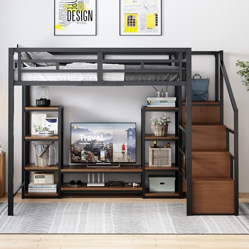 Merax Lit superposé 140x200 cm avec support TV, prise de courant, lit mezzanine peu encombrant avec espace de rangement, lit multifonctionnel pour chambre d'adolescent et petit espace, Noir (sans