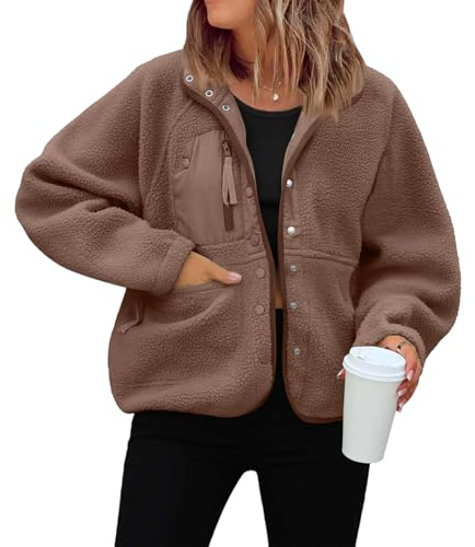 Générique Veste Polaire Femme Hiver Épais Manteau Teddy Boutons Chic Blouson Sherpa Chaude avec Poches Col Revers Manches Longues Outwear Épais Anti-Froid Douillet