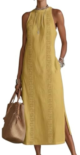 Vestido de Lino Mujer Primavera Verano Cuello Redondo Encaje Sin Mangas Maxi, Vestido de Playa Casual con Abertura Lateral