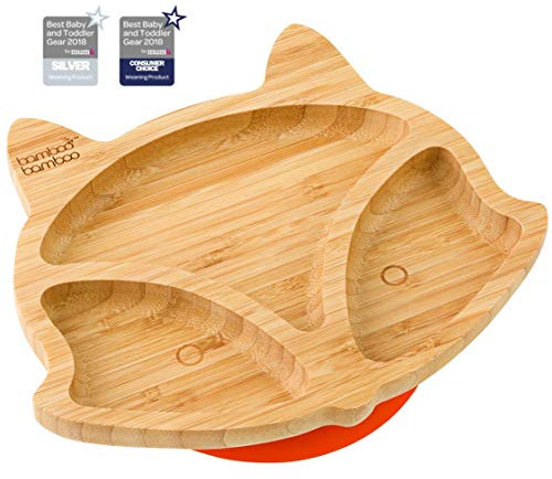 bamboo bamboo Baby Plate and Toddler Plate, Suction Plate for Feeding and Weaning, Bamboo Fox Plate with Secure Suction, Suction Plates for Babies from 6 Months (Fox, Orange)