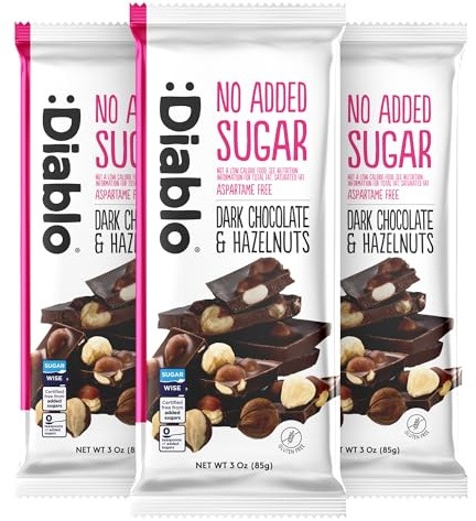 Diablo Dark Chocolate with Hazelnuts, No Added Sugar Dark Chocolate Bar - Maltitol Sweetened, Gluten-Free Snack for All - Celebrate Any Occasion, Birthdays, Valentines, Anniversary - 85g, 3 Packs