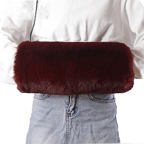 Women Hand Warming Muffs Faux Fur Cozy Winter Cold Hand Wedding Arm Warmer Gloves with Shoulder Strap Burgundy