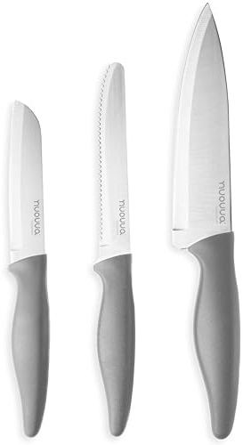 nuovva Sharp Kitchen Knife Set – 3pcs Grey Kitchen Knives – Stainless Steel Non Stick Blades – Includes Chefs Knife, Tomato Knife and Paring Knife