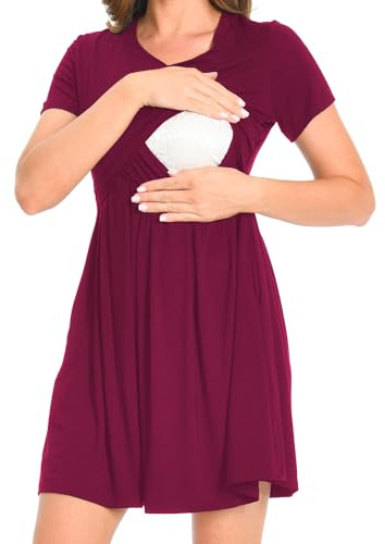 Bearsland Vestito premaman da donna a maniche corte con scollo a V, per allattamento, con tasca, Rosso vinaccia, M