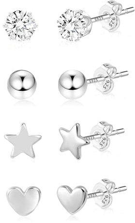 ASH'S CHOICE 925 Sterling Silver Small Studs Earrings - Multipack Cartilage Piercing Earrings with Tiny Mini Zircon Stars and Heart Designs for Women