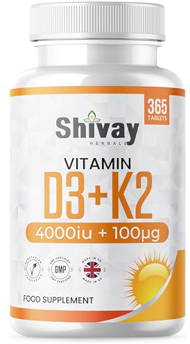 Vitamin D3 4000 IU & K2 MK-7 100 µg – 365 Vegetarian Tablets 1 Year Supply – High Strength Bone, Heart & Immune Support – UK Made, Allergen-Free – Shivay Herbals