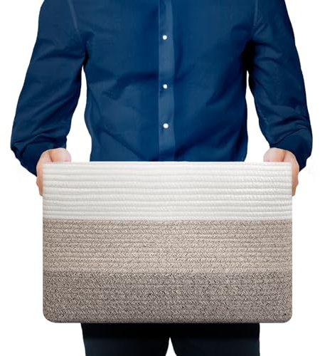 Blumido Aufbewahrungskorb Groß - Rechteckiger Baumwollkorb mit Griff – Großer Korb für Decken Wohnzimmer – 46x36x30 cm – Gradient Gelb – Wäschekorb geflochten – Aufbewahrung Spielzeug Kinderzimmer