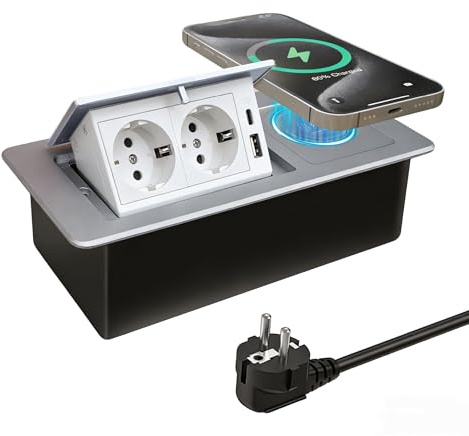 JACEPFY Presa a scomparsa, 2 prese, PD20 W, ricarica rapida, USB C, da tavolo, con caricatore senza fili da 15 W, per piano di lavoro, scrivania, argento
