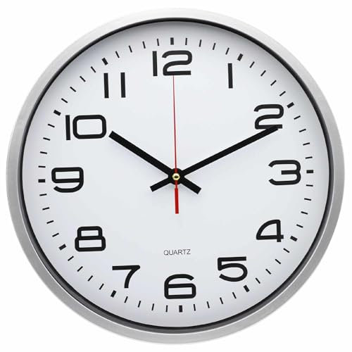 TECHZOCO Reloj de Pared, Apto para Oficina, Cocina, Dormitorio, Movimiento Cuarzo silencioso, Reloj Decorativo, Marco Plateado Esfera Blanca, 30 cm de diámetro