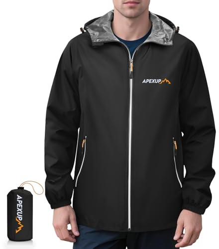 APEXUP Packable Rain Jacket Men with Reflective Zipper, Lightweight Waterproof Jacket Windbreaker Hooded Raincoat, Mens Rain Jackets for Outdoor, Running, Hiking, Travel, Cycling (Black, M)