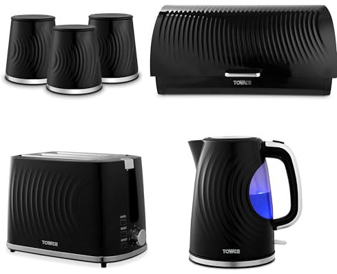 Tower Sonar Black 1.7L 3KW Kettle, 2 Slice Toaster, Bread Bin and Tea, Coffee, Sugar Canisters. Stylish Matching Kitchen Set of 6 in Black, Embossed with a Beautiful Ripple Design