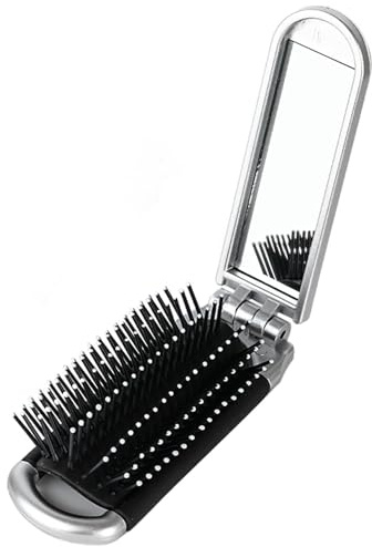 Folding Hair Brush With Mirror, Mini Travel Portable Pocket Size Comb With Soft Nylon Bristles, Collapsible Anti-static Compact Styling Tool for Gym, Swimming
