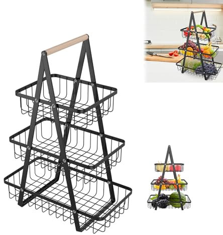 UISEBRT Obst Etagere 3 Stöckiger Obstkorb Metall Obstschale Abnehmbar Obst Halter Küche Ablagekorb mit Holzgriff Brotkorb Gemüseregal Korb für Obst Gemüse Brot Snacks, Schwarz