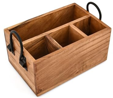 Kimona Organizadores de cubiertos de madera de acacia con asa para decoración de cocina, tenedor, cuchara, espátula, 4 compartimentos (9 x 6 x 4.5 pulgadas)