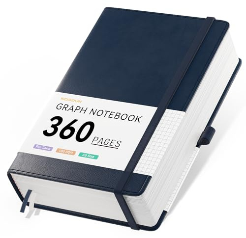 NORDUN Quaderno a quadretti formato A5, 360 pagine, copertina rigida in pelle con note adesive e tasca interna, 100 g/m², carta spessa da 100 g/m², per uomini e donne, per scuola, ufficio, casa, 14,5