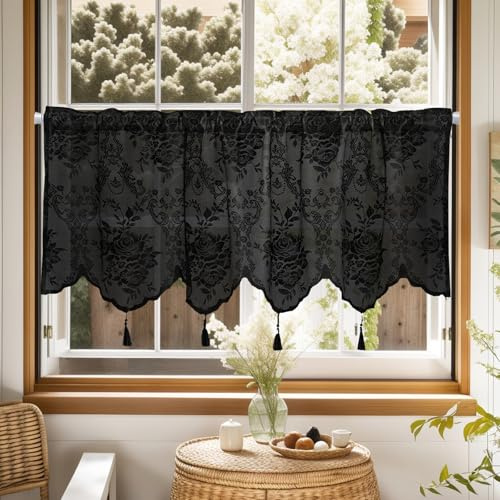 KnBoB Skivgardiner transparenta korta (45 x 150 cm) – blommönster bistrogardin, transparent broderi, spets voile, tofsar, stånggenomföring, polyester, svart – 1 st