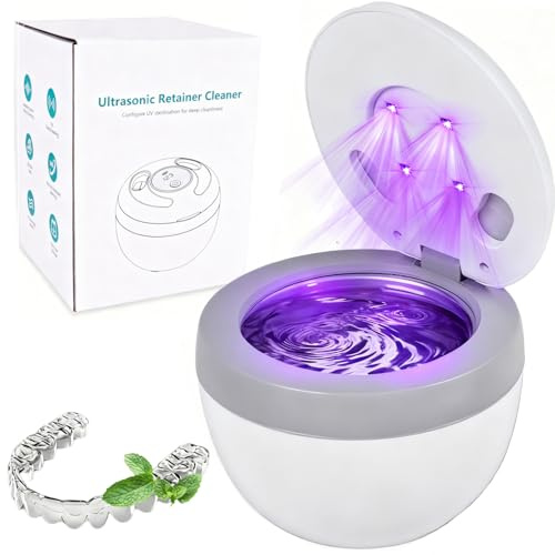 Ultrasonic Retainer Cleaner, TechKen 45khz Cleaning Dental Machine with UV Light, Portable Ultrasonic Cleaner for Dentures, Aligner, Mouthguard, Toothbrush Heads(White Gray)