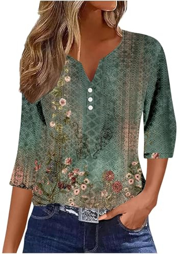 Blouse Femme Ete Hauts À Boutons avec Col en V Tee Shirt D'été Chic Et Élégante Chemisier Manche 3/4 Décontracté Confortable Tunique Imprimé Floral Vetements Classique Blouse Grande Taille