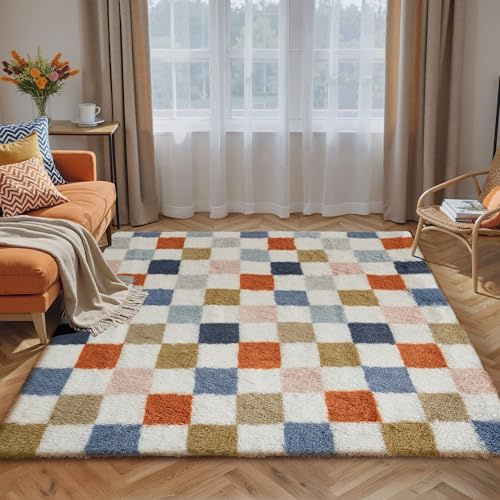 HUGEAR Kariert Flauschig Teppich Wohnzimmer 140x200 Teppiche Multicolore Weiß Shaggy rutschfest Kinderzimmer Mädchen Junge Carpet Schlafzimmer Hochflor Weich Groß Carpets