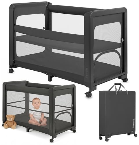 LIONELO Patty 5-i-1 Resesäng & Babysäng med Co-Sleeping, Tvånivå Spjälsäng | Hopfällbar Fristående Säng med Hjul och Broms, Ventilerande Nätväggar, Madrass 2 cm, Transportväska, upp till 15 kg