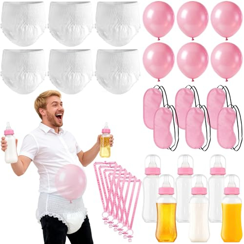 6 Sets Baby Bottles for Baby Shower Game, Bottle Chug Baby Shower Games Plastic Baby Bottle for Feeding Blindfold Party Game Set Funny Diaper Change Eye Mask Award Race Game