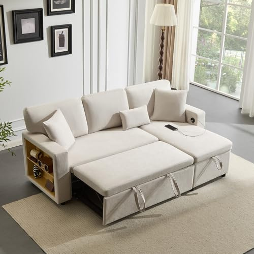 Luscriate L-form, hörnsoffa, utdragbar bäddsoffa, med sänglåda och integrerad hylla, flexibel ottoman, utbytbar, 3-sitsig hörnsoffa, säng för vardagsrum (beige 1, 3-sitsig)