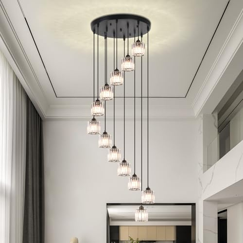 12 Light Raindrop Crystal Chandelier Black | Long Pendant Light for High Ceilings Staircase Foyer Entryway and Living Room