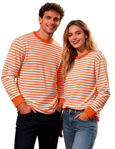Ringelshirt Rot Weiss Karneval Herren breit Strifte T-Shirt - Langarmshirt Rundhalsausschnitt Sweatshirt Oberteile Lang Pulli Streifenshirt weiße Streifen Rundhals für Fasching Party, 2-naranja, XXL