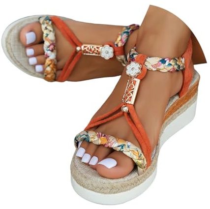 Sandali Con Zeppa A Larghezza Larga Per Donne, Sandali Con Punta Aperta Con Piattaforma Gioiellata E Perlate Estivi Eleganti Con Cinturino Elastico Alla Caviglia Scarpe Da Passeggio Vintage Sandali