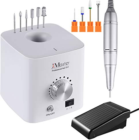 Premium Nagelfräser Set - Fräser elektrisch Inkl 10 Aufsätze - Gelnägel & Acrylnägel - Diamant & Keramik Bits - 30000 U/Min - Fußpedal - JCMASTER