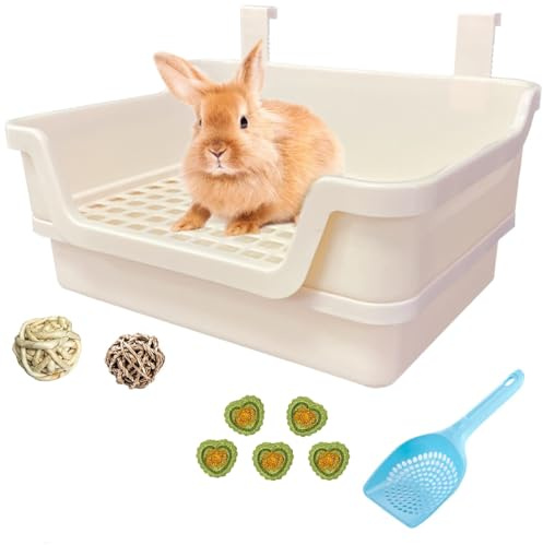Extra Large Rabbit Litter Box with Splash Guard & Removable Tray - Double Layer Small Animal Cage Toilet for Guinea Pigs, Chinchillas, Ferrets - Chew-Proof Plastic + 2 Hooks (15.7 Jumbo, Beige)