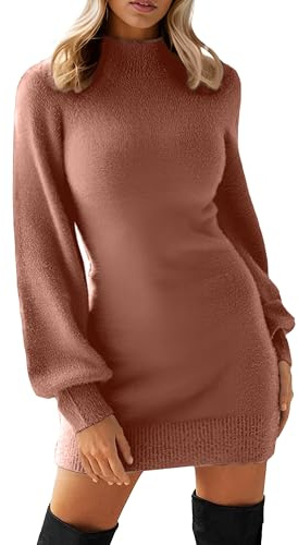 GRECERELLE Women's Mini Jumper Dress Mock Neck Long Sleeve, Dark Brown, XL