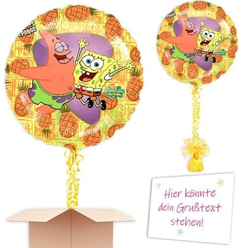 Spongebob Heliumballon mit Heliumfüllung, Schmuckbänder, Ballongewicht, Karte u. Wunschtext als Kindergeburtstag Deko mit Wunschöffnungsdatum an Wunschadresse senden