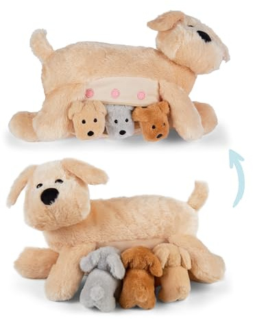 Mamanimals Hunde Kuscheltier mit 3 Baby Welpen, Babys im Bauch mit Reißverschluss verstaubar, magnetische Zitzen zum Säugen, hochwertiges Plüschtier Set für Kinder, Geschenk für Kinder