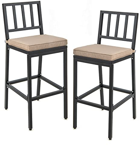 COSTWAY Bar Stools Set of 2, All-Weather Upholstered Bar Chairs with Detachable Cushion, Footrest & Adjustable Foot Pads, Metal Counter Height Kitchen Stools for Indoor Outdoor (Strip Back, Black)