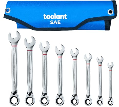 Kraftek SAE Umschaltknarren-Ringmaulschlüssel-Set, 8-teilig, 5/16-Zoll-3/4 Zoll, 15 ± 5 Grad Offset-Design, rutschfestes offenes Ende und satiniertes Chrom-Finish für Pro, mit aufrollbarer Tasche