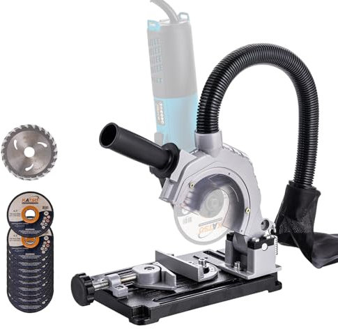 KATSU Tools Angle Grinder Clamp Stand 115/125mm, Heavy Duty Cast Base, Aluminum Alloy Bracket, 45 Degree Clamp Angle, with 11 Cutting Discs, Vacuum Hose and Dust Bag 105442