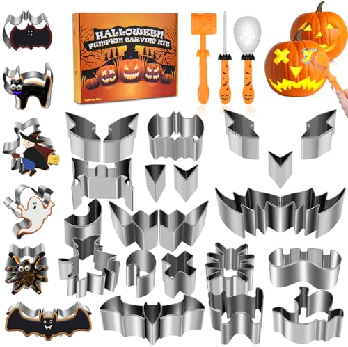 Hysagtek 24Pcs Halloween Pumpkin Carving Kit – Stainless Steel Cutters & Tools, Multi-Use for Baking, Soap & Craft, Storage Box