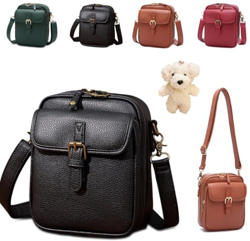 UANHUU Mini sac messager vintage à double couche de grande capacité, petit sac vintage en cuir double pour femmes et hommes, mise à niveau 2025(Black)