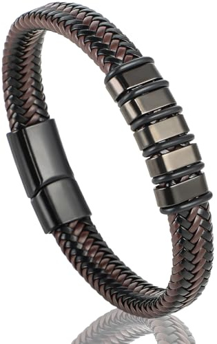 Windfromort Bracelet Homme Cuir Ajustable - Bracelet Tressé avec Fermoir Amovible en Acier Inoxydable - Idée Cadeau pour Mari, Petit Ami, Papa - 21cm