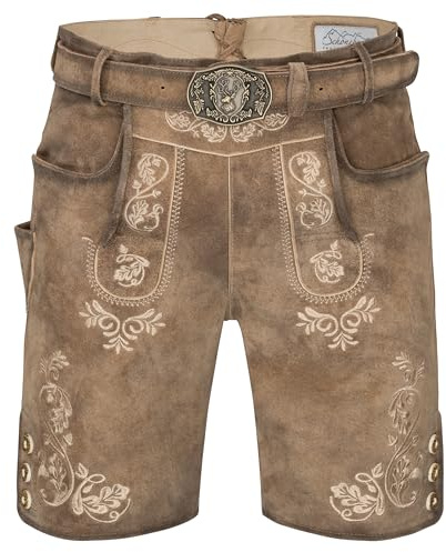 Schöneberger Trachten Couture Lugano Men's Leather Trousers with Traditional Belt, Traditional Vintage Costume Trousers for Oktoberfest Made of Nubuck Leather, brown, 38