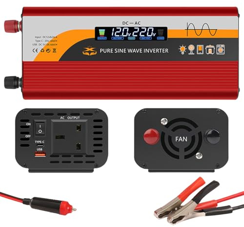 2000W Inverter 12V/24V to 220V Pure Sine Wave Inverter 12V Power Inverter with Type C, USB, Socket Car Adapter, Bekasa Car Power Inverter for Vehicles with Digital Display for Travel, Camping, RV